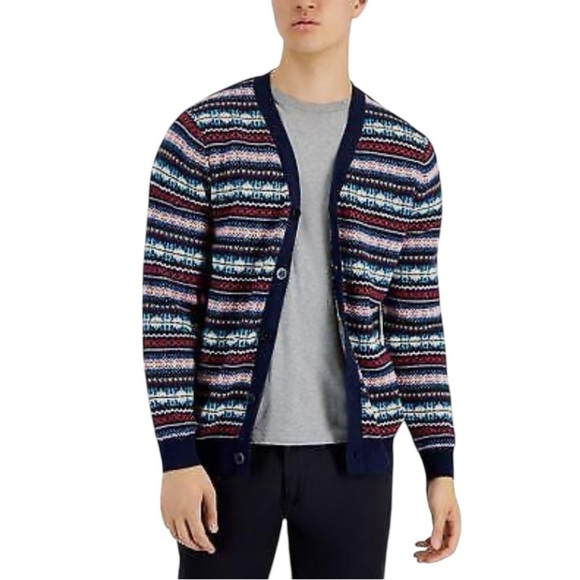 Club Room Mens Cozy Fair Isle Button Up Cardigan Navy Size L - Picture 1 of 8